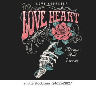 Ich liebe dich mehr. Immer und für immer. Hand mit Rose. Rock und Roll Vektorgrafik T-Shirt Design. Lebe für immer. In: Music World Tour Artwork. Wild und frei. Musik-Slogan-Logo-Design. In: Rock Music Poster Design.