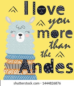 I love you more than the Andes. Scandinavian style poster with hand drawn letters. Hand drawn Cute cartoon llama, alpaca character illustration and cactus elements