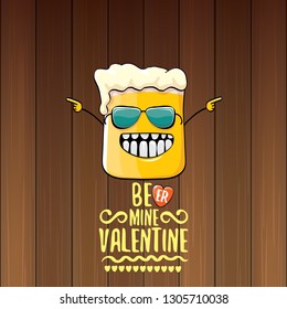 I love you more than beer vector valentines day greeting card with beer glass cartoon character isolated on wood background. Vector adult valentines day party poster design template with funny slogan