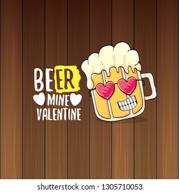 I love you more than beer vector valentines day greeting card with beer glass cartoon character isolated on wood background. Vector adult valentines day party poster design template with funny slogan