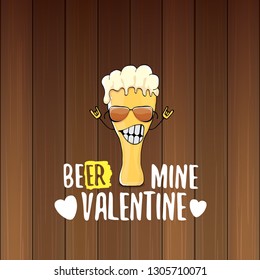 I love you more than beer vector valentines day greeting card with beer glass cartoon character isolated on wood background. Vector adult valentines day party poster design template with funny slogan