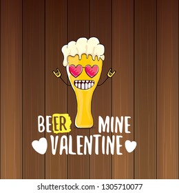 I love you more than beer vector valentines day greeting card with beer glass cartoon character isolated on wood background. Vector adult valentines day party poster design template with funny slogan