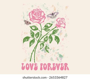 Amo-te mais a ti mesmo. Aquarela flor de rosa com borboleta. Arte de vetor de impressão floral colorida para t shirt e outros. Rose club impressão design para vestuário, adesivos, cartazes e fundo.