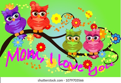 i love you mother day greeting card vector with owl graphic