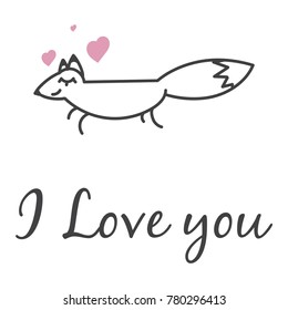 I love you. Motivation poster, Romantic illustration with fox, heart, pattern on t shirt. Original cartoon animal character. Valentines day illustration
