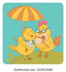 I love you so much concept card. Lovely cartoon chicken with romantic feelings in vector. The childish card in bright colors