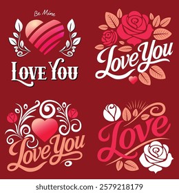  I love you so much, Just love greeting cards, posters set with ink hand drawn stain, hearts. Vector background with hand lettering.