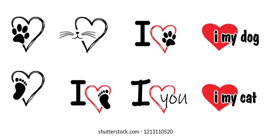 i love you i love my dog or cat Vector footprints footsteps steps fun funny Animals foot feet hound dog dogs paw woof meow puppy paws toy bones bone i love valentine day Animal day pet lovers sitter