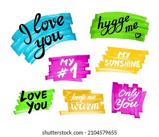 I love you  My Number One  Only You  My Sunshine  Hygge me  Keep Me Warm  Hand drawn romantic phrases for cards  envelopes  textile  various prints  Calligraphy Valentine quotes  isolated vector