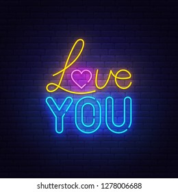 Love You neon text, bright signboard, light banner. Valentine's Day logo neon, emblem. Vector illustration