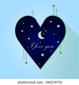 I love you night sky modern flat vector card with stars, moon, small hearts inside of the big blue heart.
