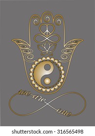 I love you note Love card Unity concept Mystic spiritual symbols Gold lines tattoo set: Buddha hand, Ying Yang symbol, Lotus flower, Infinity sign, Peace and love symbol, Metallic gold and black lines