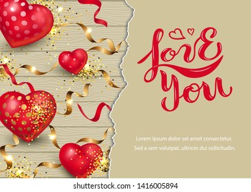 Love You on wood background with hearts, golden confetti, paper sheet. Handwritten lettering Love You as logo, headline. Vector illustration for St. Valentine's Day, greeting card, web, wedding.