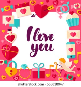 I Love You Paper Concept. Vector Illustration Flat Style Valentines Day Greetings Concept with Lettering.