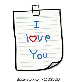 I love you in paper note with sticky tape / cartoon vector and illustration, isolated on white background.