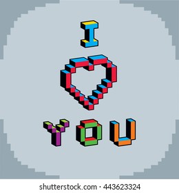 I love you phrase created in digital technology style, vector 8 bit heart shape. Romance theme pixel art inscription, contemporary Valentine Day card.