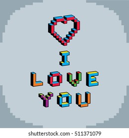 I love you phrase created in digital technology style, vector 8 bit heart shape. Romance theme pixel art inscription, contemporary Valentine Day card.