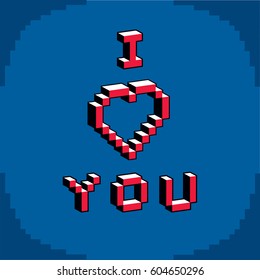I love you phrase created in digital technology style, vector 8 bit heart shape. Romance theme pixel art inscription, contemporary Valentine Day card.