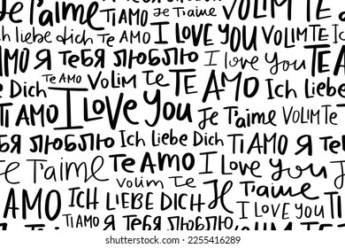 I love you phrase in English, French, Spanish, Italian, German, Russian and Serbo-Croatian languages. Seamless pattern repeated texture background. Vector illustration design.