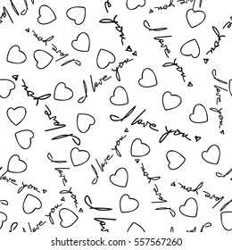I love you phrase and hearts seamless pattern. Romantic quotes and symbols randomly placed on white background. Wrapping texture suitable for Valentine day greeting card or gift. Vector eps8.