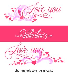 Love you phrase. Romantic pink lettering. Modern brush calligraphy. Isolated on white background. Decorative elements for your banner, poster or postcard to Valentine's Day