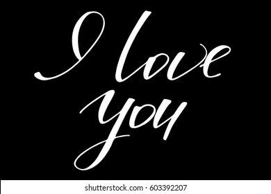 I love you phrase valentines day lettering handwritten white text isolated on black background, vector. Each word is on the separate layer