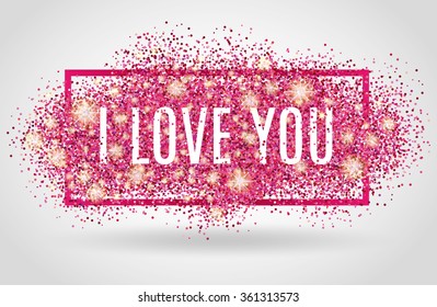 I love you pink glitter on white background. Valentines day logo. I love you. Pink symbol for flyer, poster, sign, banner, web, header. Abstract pinky backdrop for text, type, quote. Red.