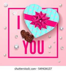 I love you pink greeting card. Happy Valentine's Day celebrate banner. Romantic design with gift box of chocolate in heart shape with candy, pearls and diamonds. Vector illustration