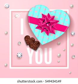 I love you pink greeting card. Happy Valentine's Day celebrate banner. Romantic design with gift box of chocolate in heart shape with candy, pearls and diamonds. Vector illustration