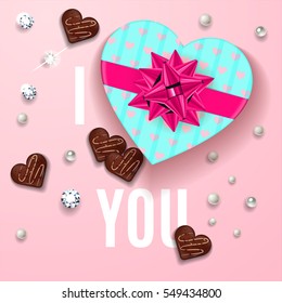 I love you pink greeting card. Happy Valentine's Day celebrate banner. Romantic design with gift box of chocolate in heart shape with candy, pearls and diamonds. Vector illustration