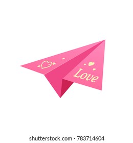 Love you pink paper plane. Valentine's day card.