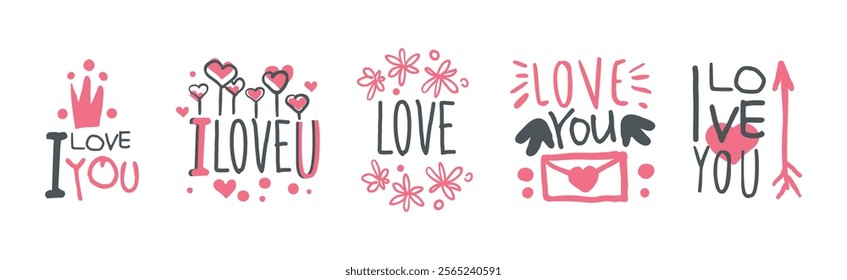 Love You Pink Sticker for Valentine Day Holiday Vector Set