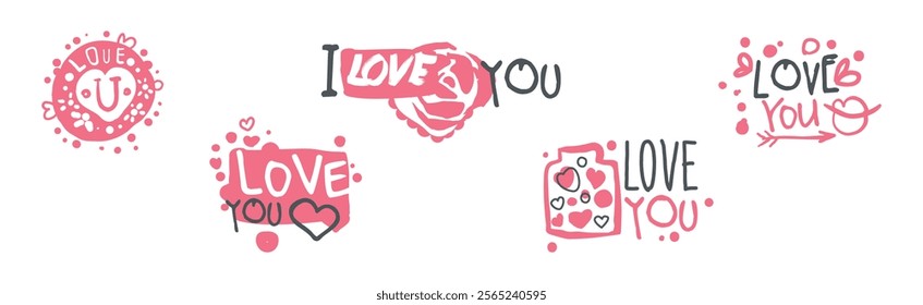 Love You Pink Sticker for Valentine Day Holiday Vector Set