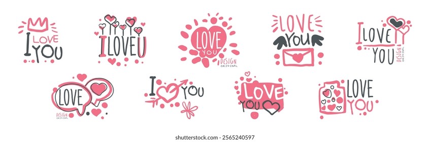 Love You Pink Sticker for Valentine Day Holiday Vector Set