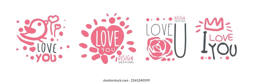 Love You Pink Sticker for Valentine Day Holiday Vector Set