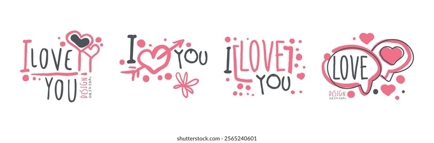 Love You Pink Sticker for Valentine Day Holiday Vector Set