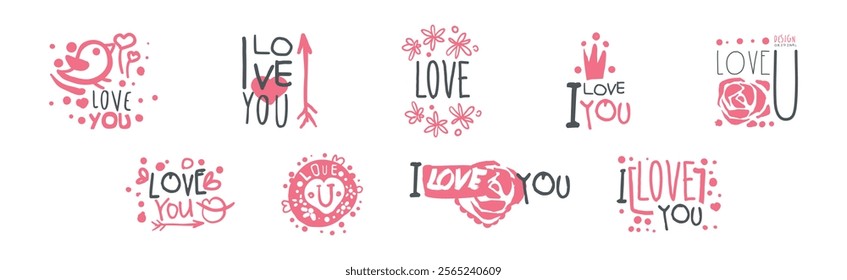 Love You Pink Sticker for Valentine Day Holiday Vector Set