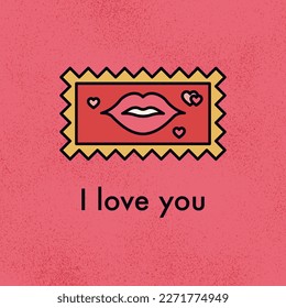 I Love You Postal Stamp. Vector Illustration of Happy Valentine’s Day Wedding Concept.
