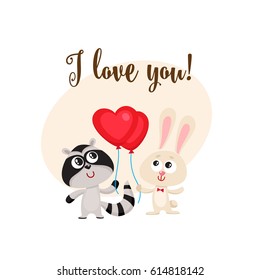 I love you postcard, banner with rabbit and raccoon holding red heart shaped balloon, cartoon vector illustration. Raccoon and bunny friends with heart balloon, love postcard, greeting card, banner