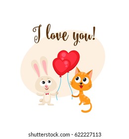 I love you postcard, banner with rabbit, bunny and cat holding red heart shaped balloon, cartoon vector illustration. Bunny and kitten friends with heart balloon, love postcard, greeting card, banner