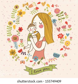  I love you postcard. Cute retro vector card with mother and child. Happy mothers day. Vintage floral background with woman and baby.