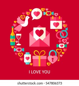 I Love You Postcard. Flat Poster Design Vector Illustration. Collection of Valentine Day Holiday Objects.