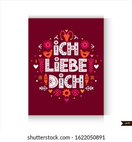 I Love You postcard in German - Ich Liebe Dich. Trends colors. Valentines Day vector greeting card. Love and dating postcard. Engagement, wedding celebration banner.