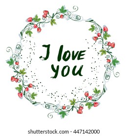 Love you postcard with nice floral design and strawberry - vector graphic illustration