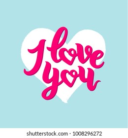 I LOVE YOU postcard for  Valentine's day. 
Pink flat lettering with heart on the light 
blue background