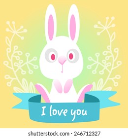 I love you. Postcard Valentine's Day. White rabbit.cartoon style