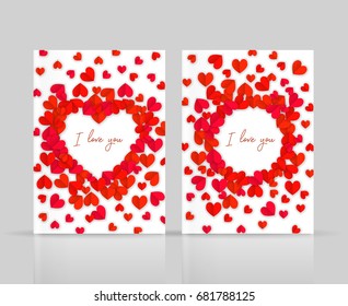 I love you postcards set with hearts paper cutout, brochure layout