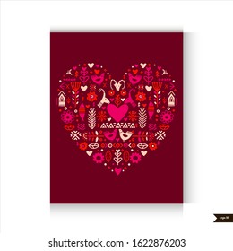 I Love You poster in ethnic folk style on red background. Folk Heat. Happy Valentines Day design. Trendy handwritten illustration for t-shirt design, poster or save the date card design.