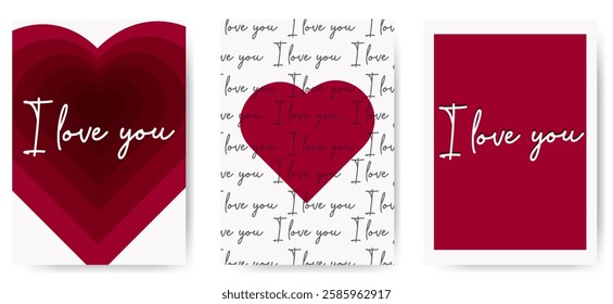 I love you poster set. Romantic designs heart shapes and text. Modern and elegant typography collection.