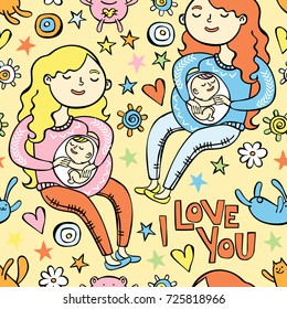 I love you. Pregnant girl. Future mom and her baby. Stuffed Toys. Hearts and stars. Seamless vector pattern (background).